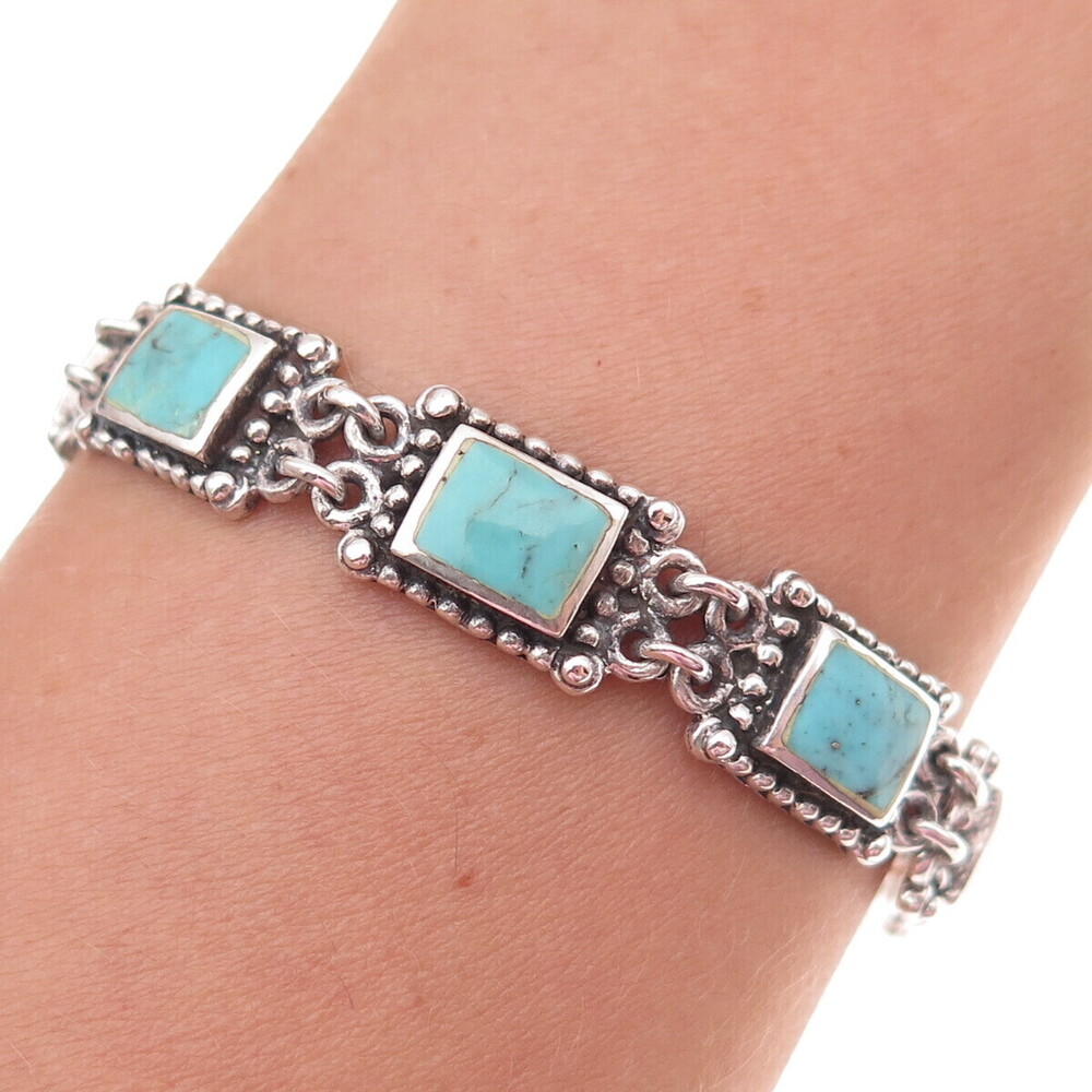 925 Sterling Silver Vintage Real Turquoise Beaded Oxidized Bracelet 7"